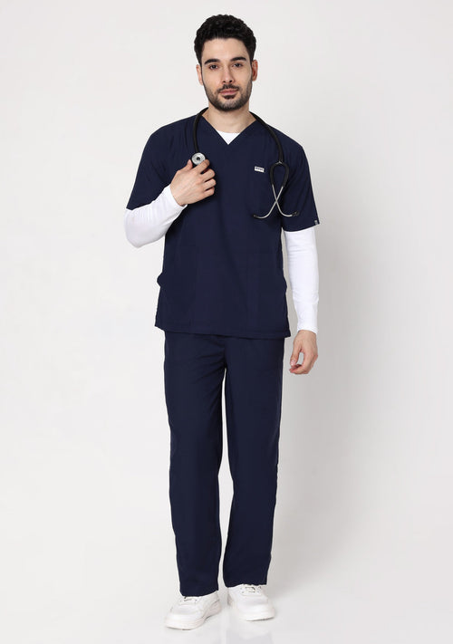 Front view of classic men’s v-neck navy blue scrub