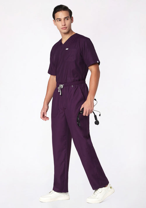 Front view of classic men’s v-neck wine scrub with 5-pockets