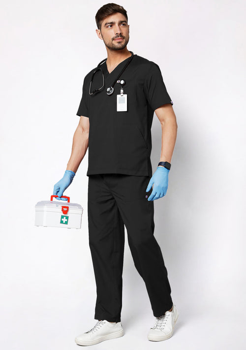 Front view of classic men’s v-neck  black 5-pocket scrub