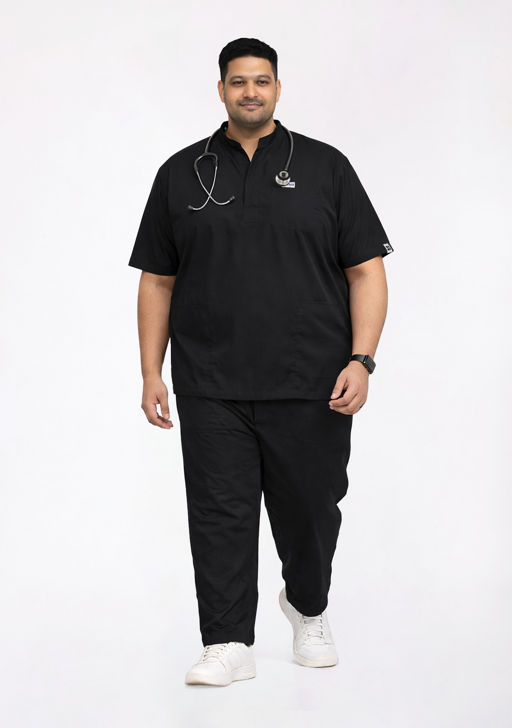 Classic Men's Mandarin Collar (Black) Plus Size Scrub