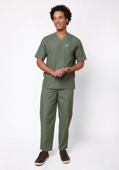 Front look of Classic Mens V Neck Olive Scrubs