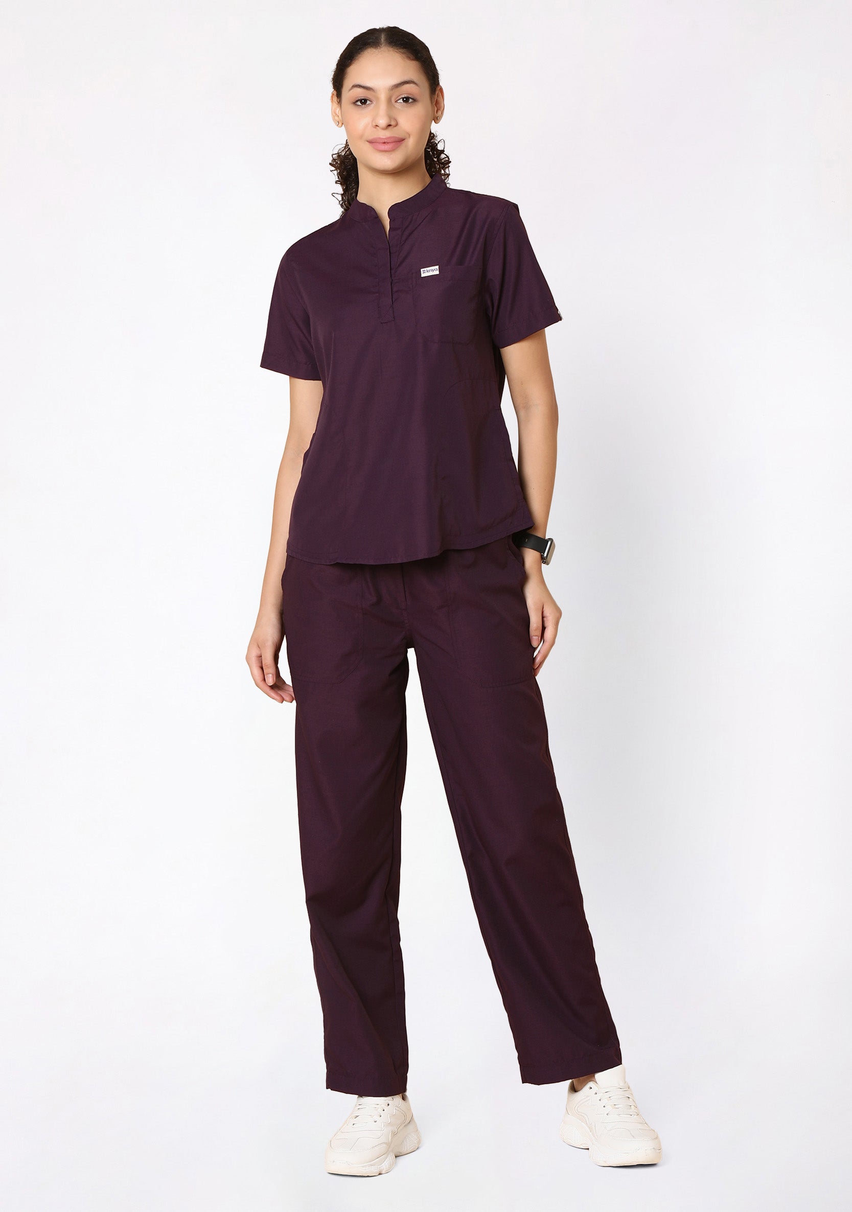 Classic Women's Mandarin Collar (Wine) Plus Size Scrub